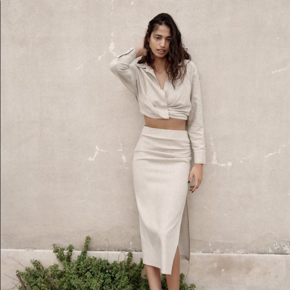 Linen Blend Draped Skirt and Top Set